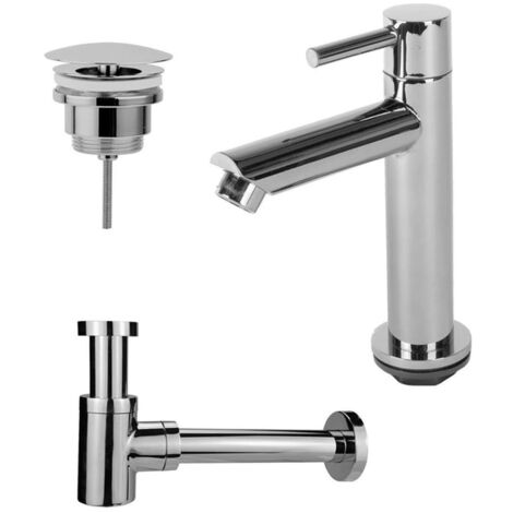 FugaFlow Eccelente Sobrado ensemble de robinets de lavabo avec robinet de lavabo sur pied bas, bouchon toujours ouvert et siphon design chromé