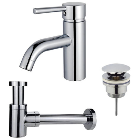 FugaFlow Eccelente Sobrado Kit mitigeur lavabo - robinet bas - bonde clic clac - siphon design bas - Chrome brillant