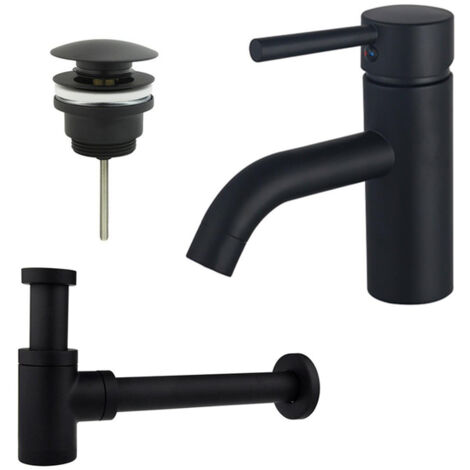 FugaFlow Eccelente Sobrado Kit mitigeur lavabo - robinet bas - bonde clic clac - siphon design bas - Noir mat