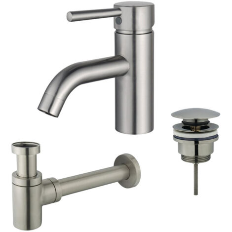 FugaFlow Eccelente Sobrado Kit mitigeur lavabo - robinet bas - bonde clic clac - siphon design bas - PVD Inox brossé
