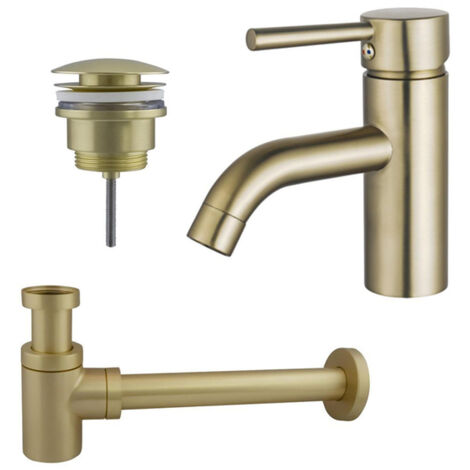 FugaFlow Eccelente Sobrado Kit mitigeur lavabo - robinet bas - bonde clic clac - siphon design bas - PVD Laiton brossé