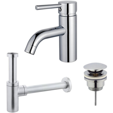 FugaFlow Eccelente Sobrado Kit mitigeur lavabo - robinet bas - bonde clic clac - siphon design - Chrome brillant