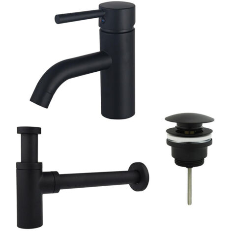 FugaFlow Eccelente Sobrado Kit mitigeur lavabo - robinet bas - bonde clic clac - siphon design - Noir mat
