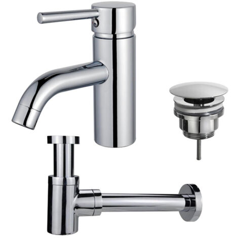 FugaFlow Eccelente Sobrado Kit mitigeur lavabo - robinet bas - bonde non-obturable - siphon design bas - Chrome brillant