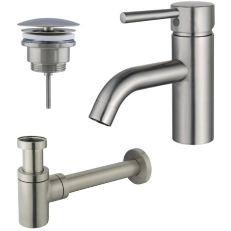 FugaFlow Eccelente Sobrado Kit mitigeur lavabo - robinet bas - bonde non-obturable - siphon design bas - PVD Inox brossé