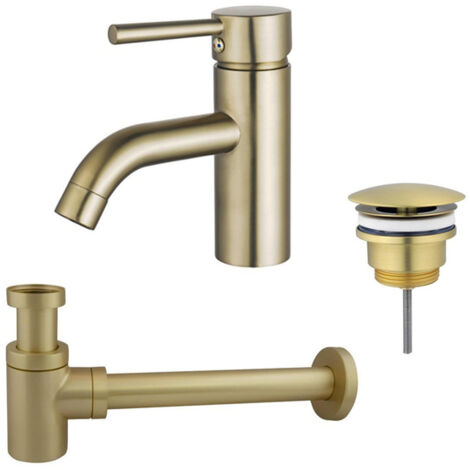 FugaFlow Eccelente Sobrado Kit mitigeur lavabo - robinet bas - bonde non-obturable - siphon design bas - PVD Laiton brossé
