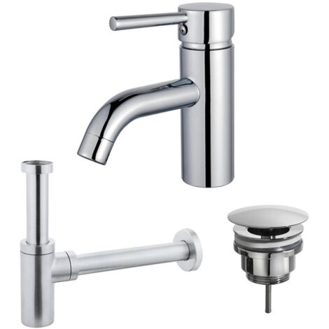FugaFlow Eccelente Sobrado Kit mitigeur lavabo - robinet bas - bonde nonobturable - siphon design - Chrome brillant