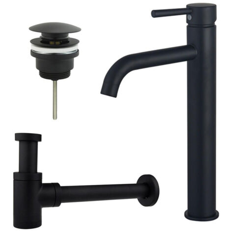 FugaFlow Eccelente Sobrado Kit mitigeur lavabo - robinet rehaussé - bonde clic clac - siphon design bas - Noir mat