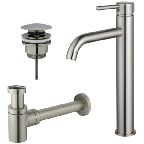 FugaFlow Eccelente Sobrado Kit mitigeur lavabo - robinet rehaussé - bonde clic clac - siphon design bas - PVD Inox brossé