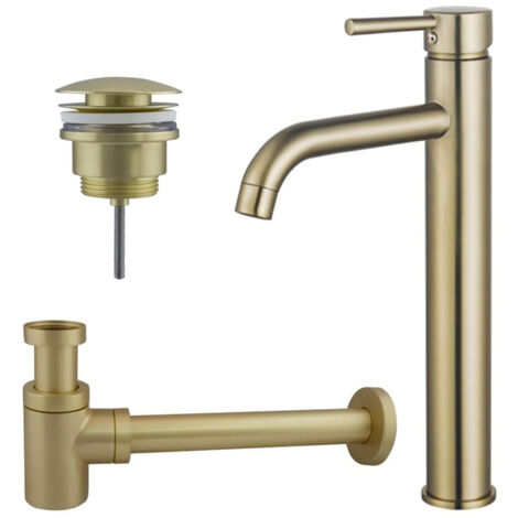 FugaFlow Eccelente Sobrado Kit mitigeur lavabo - robinet rehaussé - bonde clic clac - siphon design bas - PVD Laiton brossé