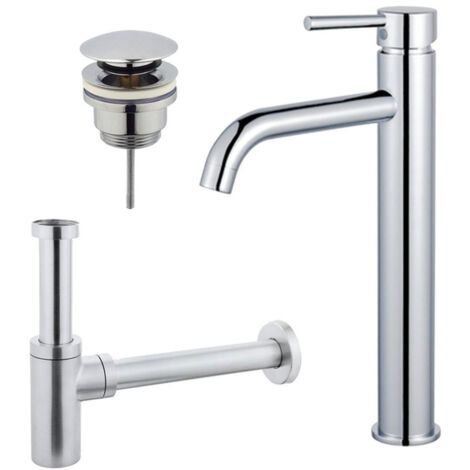 FugaFlow Eccelente Sobrado Kit mitigeur lavabo - robinet rehaussé - bonde clic clac - siphon design - Chrome brillant
