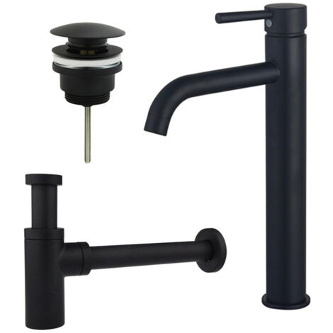 FugaFlow Eccelente Sobrado Kit mitigeur lavabo - robinet rehaussé - bonde clic clac - siphon design - Noir mat
