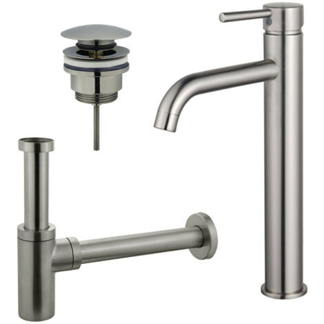 FugaFlow Eccelente Sobrado Kit mitigeur lavabo - robinet rehaussé - bonde clic clac - siphon design - PVD Inox brossé