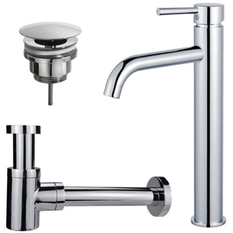 FugaFlow Eccelente Sobrado Kit mitigeur lavabo - robinet rehaussé - bonde non-obturable - siphon design bas - Chrome brillant
