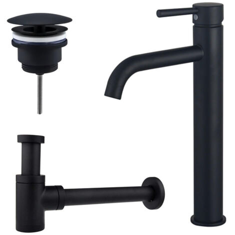 FugaFlow Eccelente Sobrado Kit mitigeur lavabo - robinet rehaussé - bonde non-obturable - siphon design bas - Noir mat
