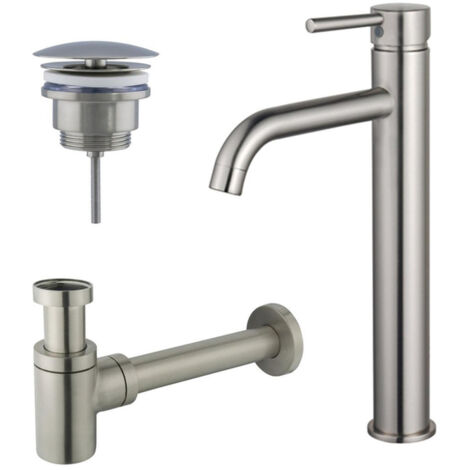 FugaFlow Eccelente Sobrado Kit mitigeur lavabo - robinet rehaussé - bonde non-obturable - siphon design bas - PVD Inox brossé