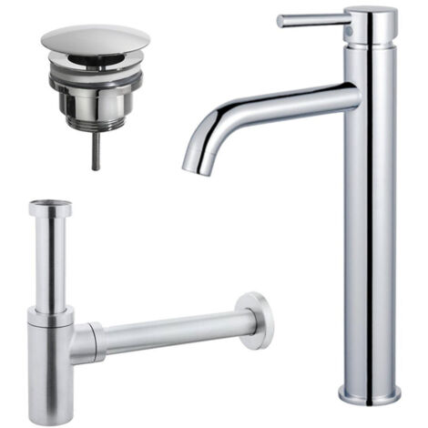 FugaFlow Eccelente Sobrado Kit mitigeur lavabo - robinet rehaussé - bonde nonobturable - siphon design - Chrome brillant