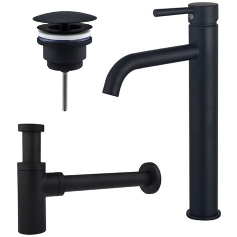 FugaFlow Eccelente Sobrado Kit mitigeur lavabo - robinet rehaussé - bonde nonobturable - siphon design - Noir mat