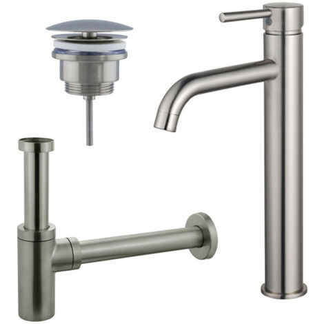 FugaFlow Eccelente Sobrado Kit mitigeur lavabo - robinet rehaussé - bonde nonobturable - siphon design - PVD Inox brossé