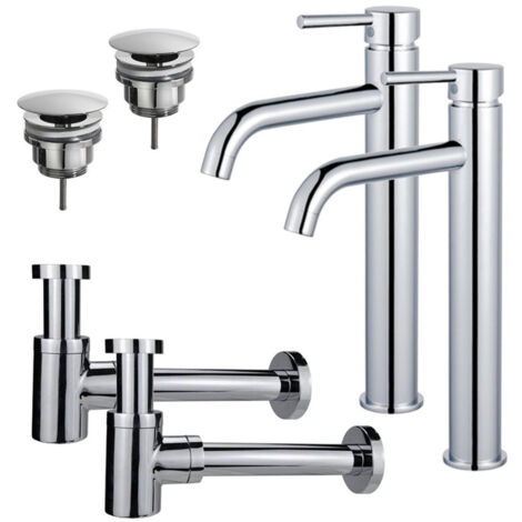 FugaFlow Eccelente Sobrado Kit robinet lavabo - pour double vasque - bonde non-obturable - siphon design bas - Chrome brillant