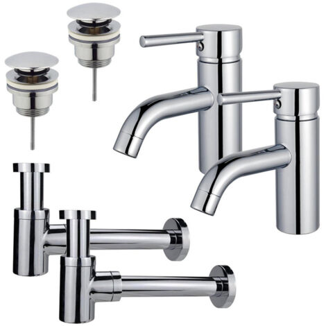 FugaFlow Eccelente Sobrado Kit robinet lavabo - pour double vasque - robinet bas - bonde clic clac - siphon design bas - Chrome brillant