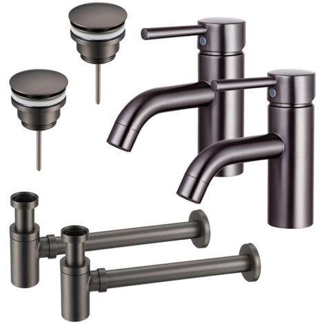 FugaFlow Eccelente Sobrado Kit robinet lavabo - pour double vasque - robinet bas - bonde clic clac - siphon design bas - Gunmetal PVD