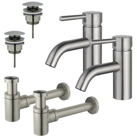 FugaFlow Eccelente Sobrado Kit robinet lavabo - pour double vasque - robinet bas - bonde clic clac - siphon design bas - Inox brossé PVD