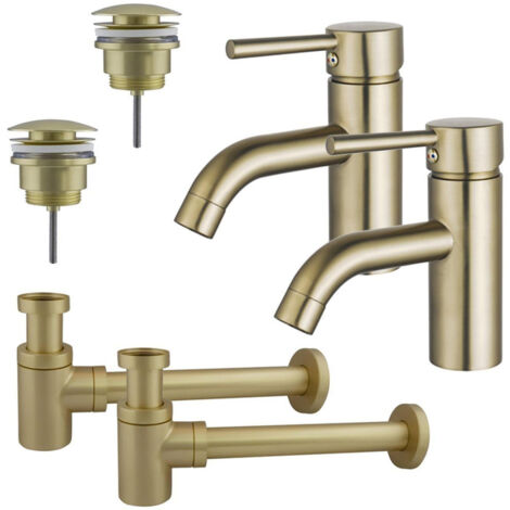 FugaFlow Eccelente Sobrado Kit robinet lavabo - pour double vasque - robinet bas - bonde clic clac - siphon design bas - Laiton brossé PVD