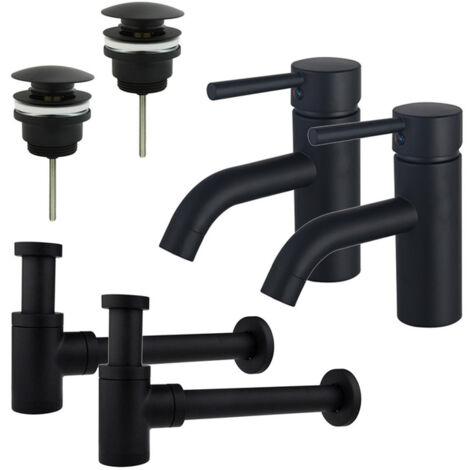 FugaFlow Eccelente Sobrado Kit robinet lavabo - pour double vasque - robinet bas - bonde clic clac - siphon design bas - Noir mat