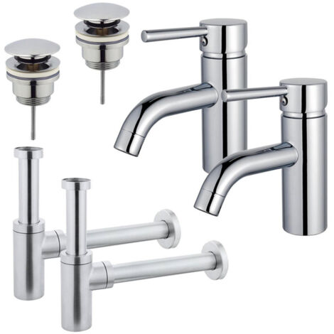 FugaFlow Eccelente Sobrado Kit robinet lavabo - pour double vasque - robinet bas - bonde clic clac - siphon design - Chrome brillant