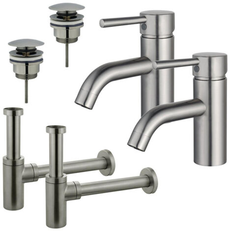 FugaFlow Eccelente Sobrado Kit robinet lavabo - pour double vasque - robinet bas - bonde clic clac - siphon design - Inox brossé PVD