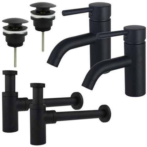 FugaFlow Eccelente Sobrado Kit robinet lavabo - pour double vasque - robinet bas - bonde clic clac - siphon design - Noir mat