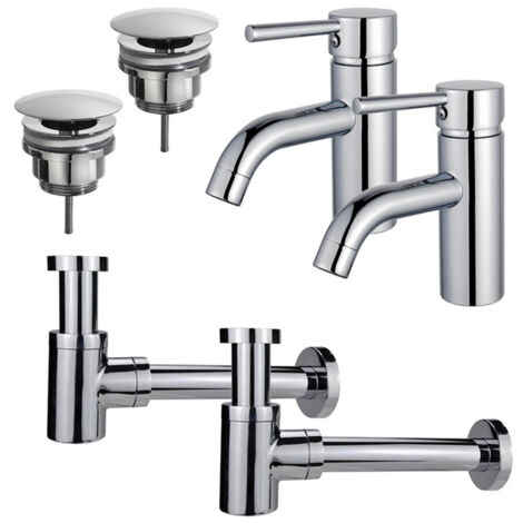 FugaFlow Eccelente Sobrado Kit robinet lavabo - pour double vasque - robinet bas - bonde non-obturable - siphon design bas - Chrome brillant