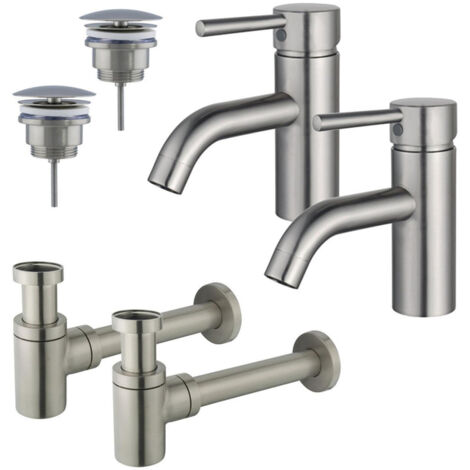 FugaFlow Eccelente Sobrado Kit robinet lavabo - pour double vasque - robinet bas - bonde non-obturable - siphon design bas - Inox brossé PVD