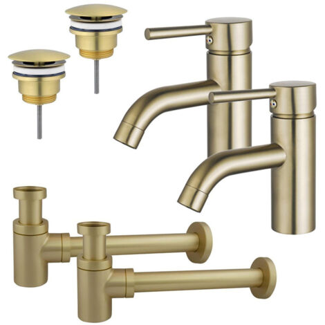 FugaFlow Eccelente Sobrado Kit robinet lavabo - pour double vasque - robinet bas - bonde non-obturable - siphon design bas - Laiton brossé PVD
