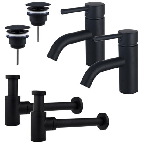 FugaFlow Eccelente Sobrado Kit robinet lavabo - pour double vasque - robinet bas - bonde non-obturable - siphon design bas - Noir mat
