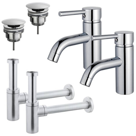 FugaFlow Eccelente Sobrado Kit robinet lavabo - pour double vasque - robinet bas - bonde non-obturable - siphon design - Chrome brillant