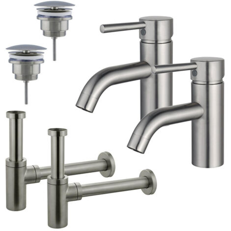 FugaFlow Eccelente Sobrado Kit robinet lavabo - pour double vasque - robinet bas - bonde non-obturable - siphon design - Inox brossé PVD