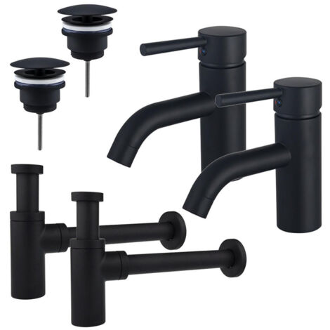 FugaFlow Eccelente Sobrado Kit robinet lavabo - pour double vasque - robinet bas - bonde non-obturable - siphon design - Noir mat