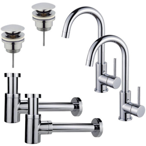 FugaFlow Eccelente Sobrado Kit robinet lavabo - pour double vasque - robinet haut - bec rotatif - bonde clic clac - siphon design bas - Chrome