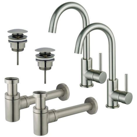 FugaFlow Eccelente Sobrado Kit robinet lavabo - pour double vasque - robinet haut - bec rotatif - bonde clic clac - siphon design bas - Inox brossé