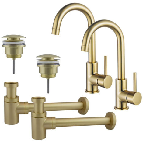 FugaFlow Eccelente Sobrado Kit robinet lavabo - pour double vasque - robinet haut - bec rotatif - bonde clic clac - siphon design bas - Laiton brossé