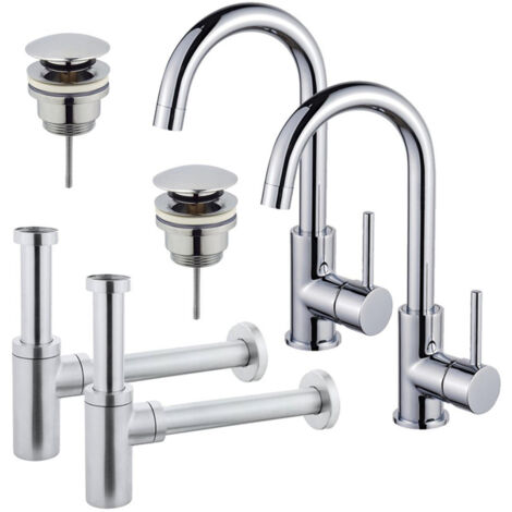FugaFlow Eccelente Sobrado Kit robinet lavabo - pour double vasque - robinet haut - bec rotatif - bonde clic clac - siphon design - Chrome brillant