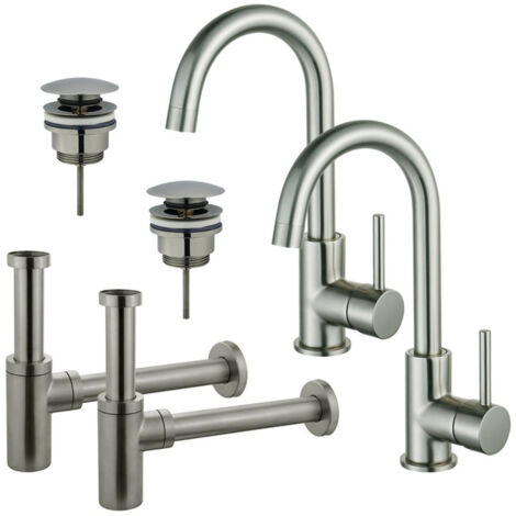 FugaFlow Eccelente Sobrado Kit robinet lavabo - pour double vasque - robinet haut - bec rotatif - bonde clic clac - siphon design - Inox brossé PVD
