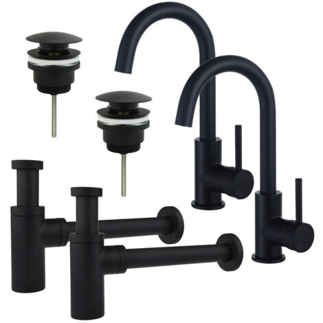 FugaFlow Eccelente Sobrado Kit robinet lavabo - pour double vasque - robinet haut - bec rotatif - bonde clic clac - siphon design - Noir mat