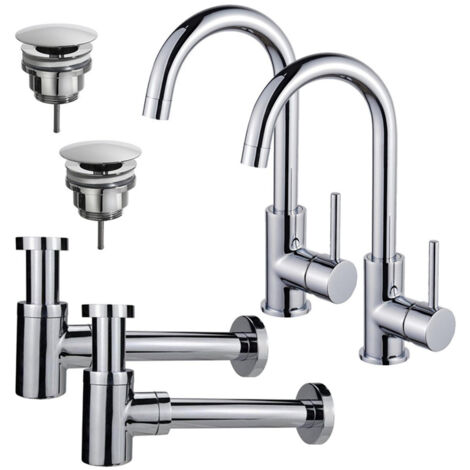 FugaFlow Eccelente Sobrado Kit robinet lavabo - pour double vasque - robinet haut - bec rotatif - bonde non-obturable - siphon design bas - Chrome