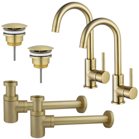 FugaFlow Eccelente Sobrado Kit robinet lavabo - pour double vasque - robinet haut - bec rotatif - bonde non-obturable - siphon design bas - Laiton