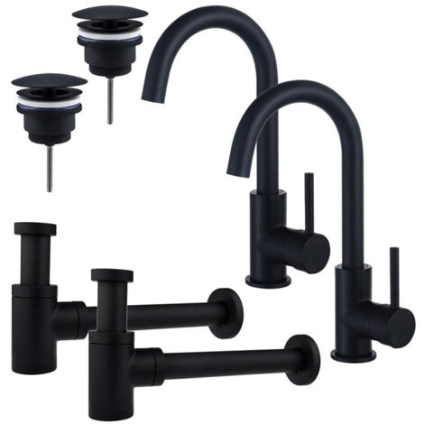 FugaFlow Eccelente Sobrado Kit robinet lavabo - pour double vasque - robinet haut - bec rotatif - bonde non-obturable - siphon design bas - Noir mat