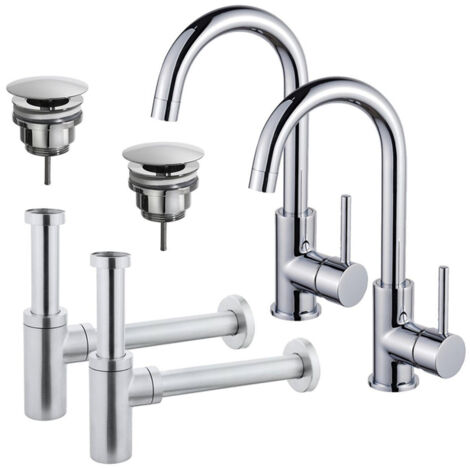 FugaFlow Eccelente Sobrado Kit robinet lavabo - pour double vasque - robinet haut - bec rotatif - bonde non-obturable - siphon design - Chrome