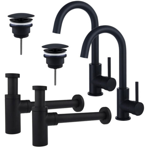 FugaFlow Eccelente Sobrado Kit robinet lavabo - pour double vasque - robinet haut - bec rotatif - bonde non-obturable - siphon design - Noir mat